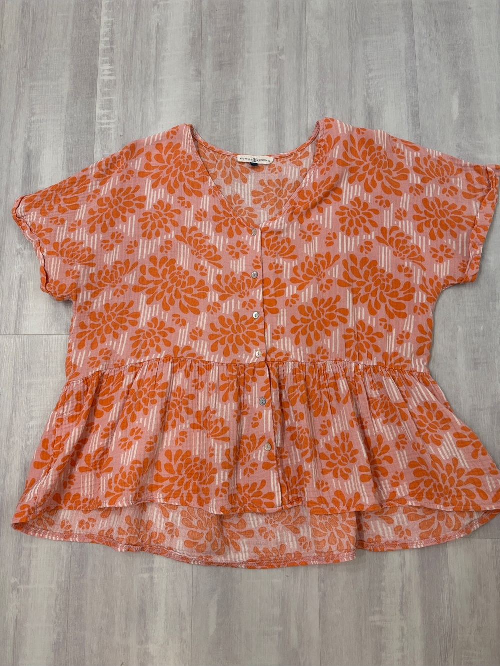 Michelle McDowell Floral Button-Front Peplum Blouse in Pink and Orange Large